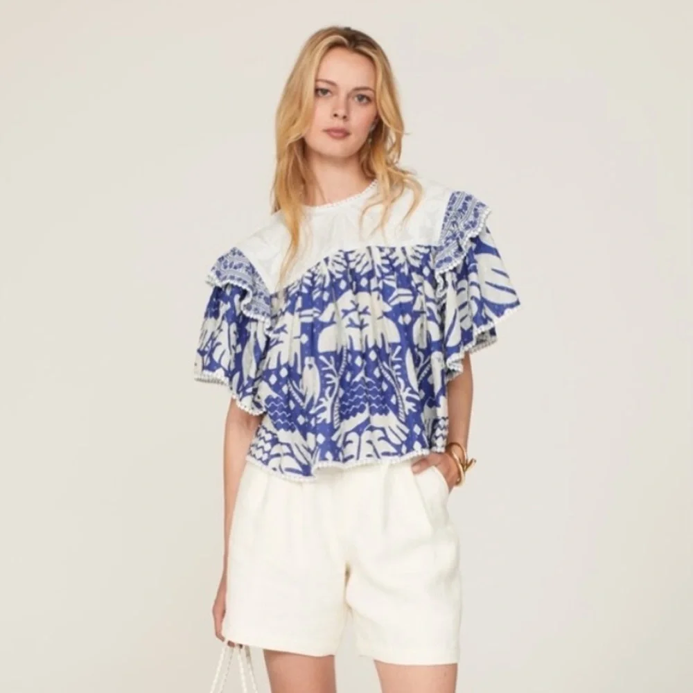 FARM RIO Navy Blue Jungle Scarf Lace Ruffle Sleeve Blouse - Picture 10 of 16